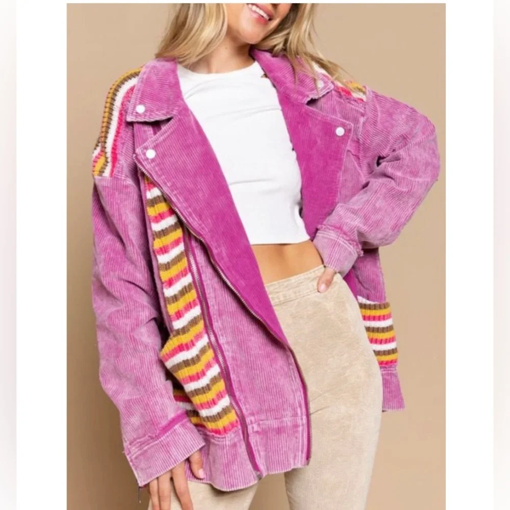 NEW POL Clothing Corduroy Moto Long Sleeve Jacket With Stripe Detail Plum Berry - Picture 2 of 5
